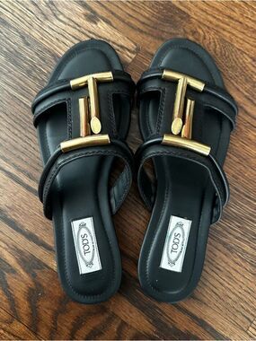 Tod's Black Leather Double T Slides Sandals Gold-Tone Hardware | Italy Luxury